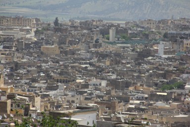 白いアンテナが並ぶフェズの屋根の風景