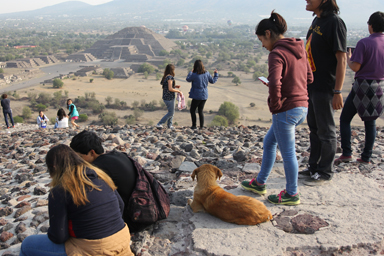 ピラミッドの頂上でパワーを感じる旅人