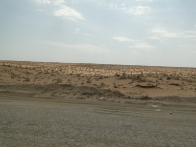 ヒヴァとブハラの間の砂漠の道を走る様子
