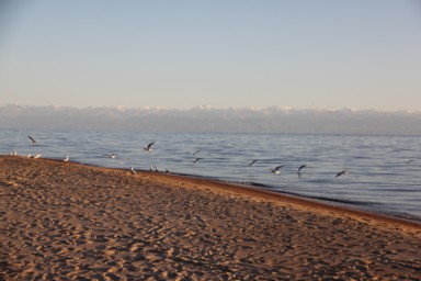 対岸天山山脈の壁がそびえるイシククル湖の景色