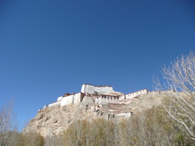 雲ひとつない空と見上げるギャンツェゾンがたたずむ