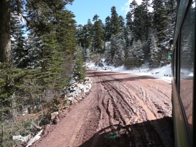 ドロドロの坂道で制御の効かないバス