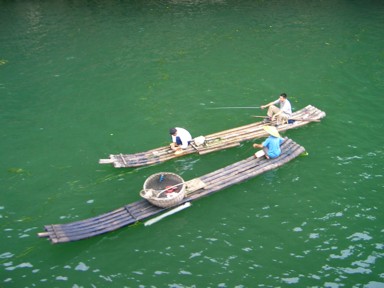 漓江で竹のいかだに乗って魚とり