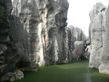 石林の透明度ゼロの緑の池と白い奇岩