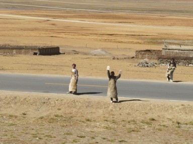 青蔵鉄道へ手を振るラサへ五体投地で巡礼する人々