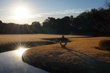 後楽園の庭園と朝日