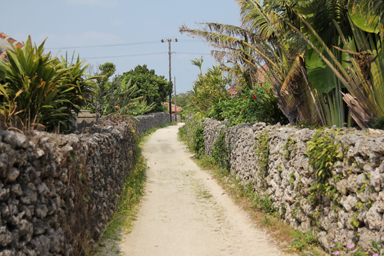 竹富島の白砂の道と伝統的な家並み
