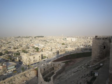 アレッポ城の上から街と遠くのモスクを見下ろす風景