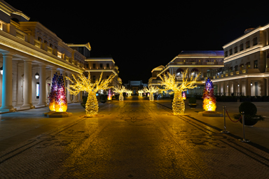 高級な店が並ぶ通りの美しくタイトアップされた街灯の役割をしたオブジェ
