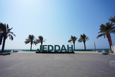 JEDDAHと書かれたジェッダサインの文字のすき間で眠る猫