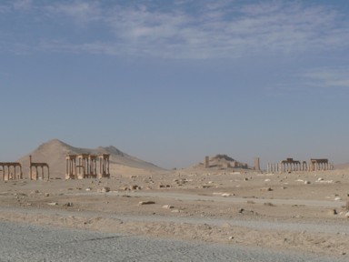 砂漠に現れるのは蜃気楼のようなパルミラの遺跡と山