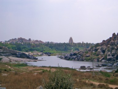 遠い先のヤシの木のジャングルから顔を出すヴィルーパークシャ寺院