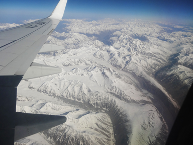 飛行機から見える氷河と白い山