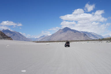 ヌブラの白砂丘をバギーでエンジン全開で走る様子