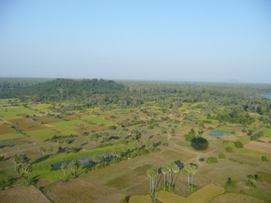 空中から眺めるアンコールワットの周りは何もない大地