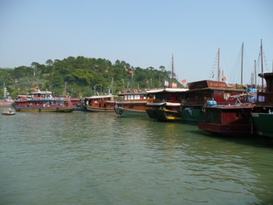 ハロン湾の絶景へ向かう観光船が並ぶ