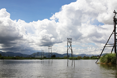 インレー湖の中をまっすぐ伸びる電線と電柱の景色