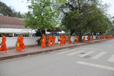 早朝の托鉢でオレンジ色の袈裟を着たたくさんの僧侶たち