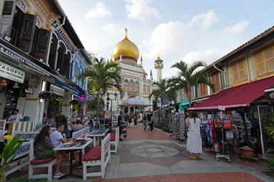 金のドームと白い作りのサンタル・モスクが目の前に立つブッソーラ・ストリート