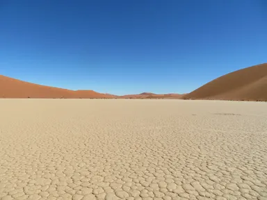 ナミブ砂漠のデッドフレイのカチカチのひび割れた白い大地
