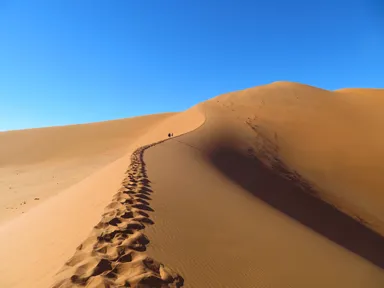 ナミブ砂漠のビックダディの峰に足跡が続く光景
