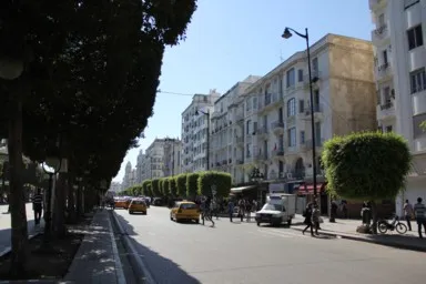 チュニスのフランス通りの道幅が広くて建物もヨーロッパ風の景色