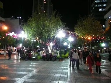 ラパスの7月16日通りの中央の歩行者通りの夜のにぎやかな光景
