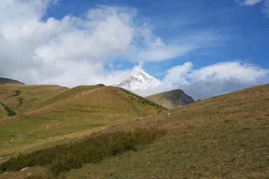 緑の牧草地帯の奥にある雪をかぶったカズベキ山
