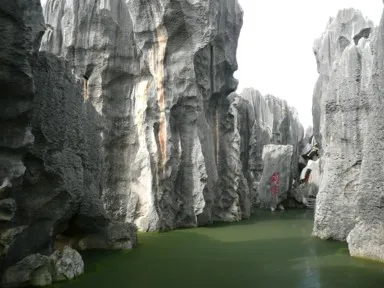 石林の透明度ゼロの緑の池と白い奇岩