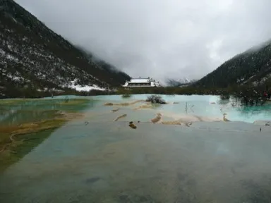 黄龍の雪をかぶった山と寺と五彩池