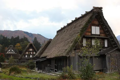 白川郷の合掌造りの家と紅葉の山