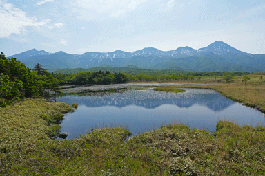 知床五湖の木道からの一湖と湖に映る雪をかぶった知床連山
