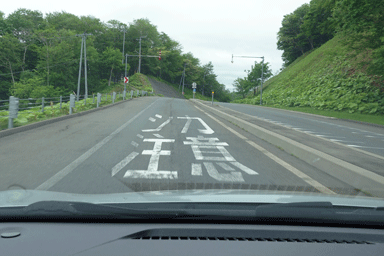 北海道の道路に白く書かれたシカ注意の文字