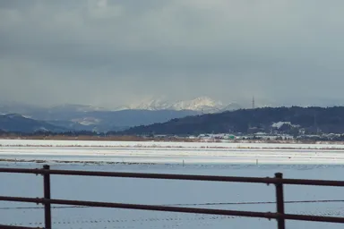 岩手の山々と田んぼの雪景色
