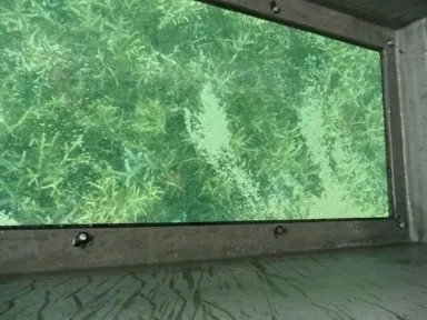 久米島のハテの浜への底が透明になった船