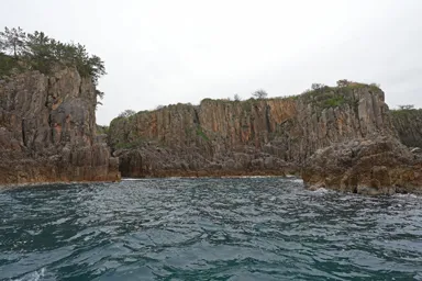 佐渡の尖閣湾の柱状節理の無数の縦線がのびる岩