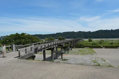 静岡の蓬莱橋の端から見る長い木橋