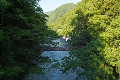 徳島の祖谷渓大橋から見るかずら橋と渓谷