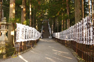 熊野本宮大社の白い旗が並ぶ参道と石段