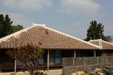 竹富島の伝統的な建物と屋根のシーサー