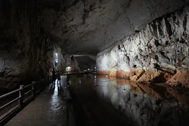 山口の秋芳洞のまっすぐ延びる洞窟内部