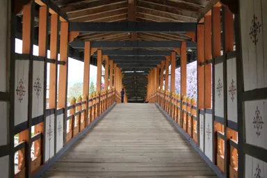 プナカのプナカ・ゾンへ川を渡る屋根付きの木の橋の風景