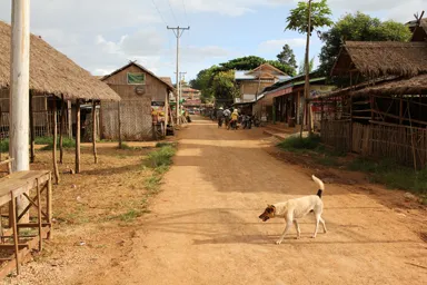 インレー湖の湖畔にあるインデインの犬やニワトリが自由に走り回る土の道