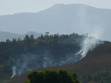 ポーンサワンの焼畑農業で白い煙が線になって上がる風景